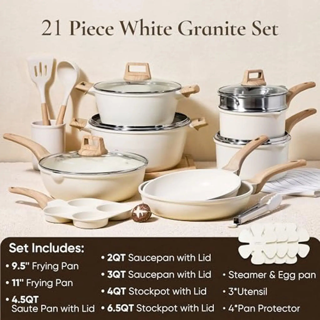 21Pcs Induction Cookware Set Nonstick White Granite Pots and Pans w Frying Pans Saucepans