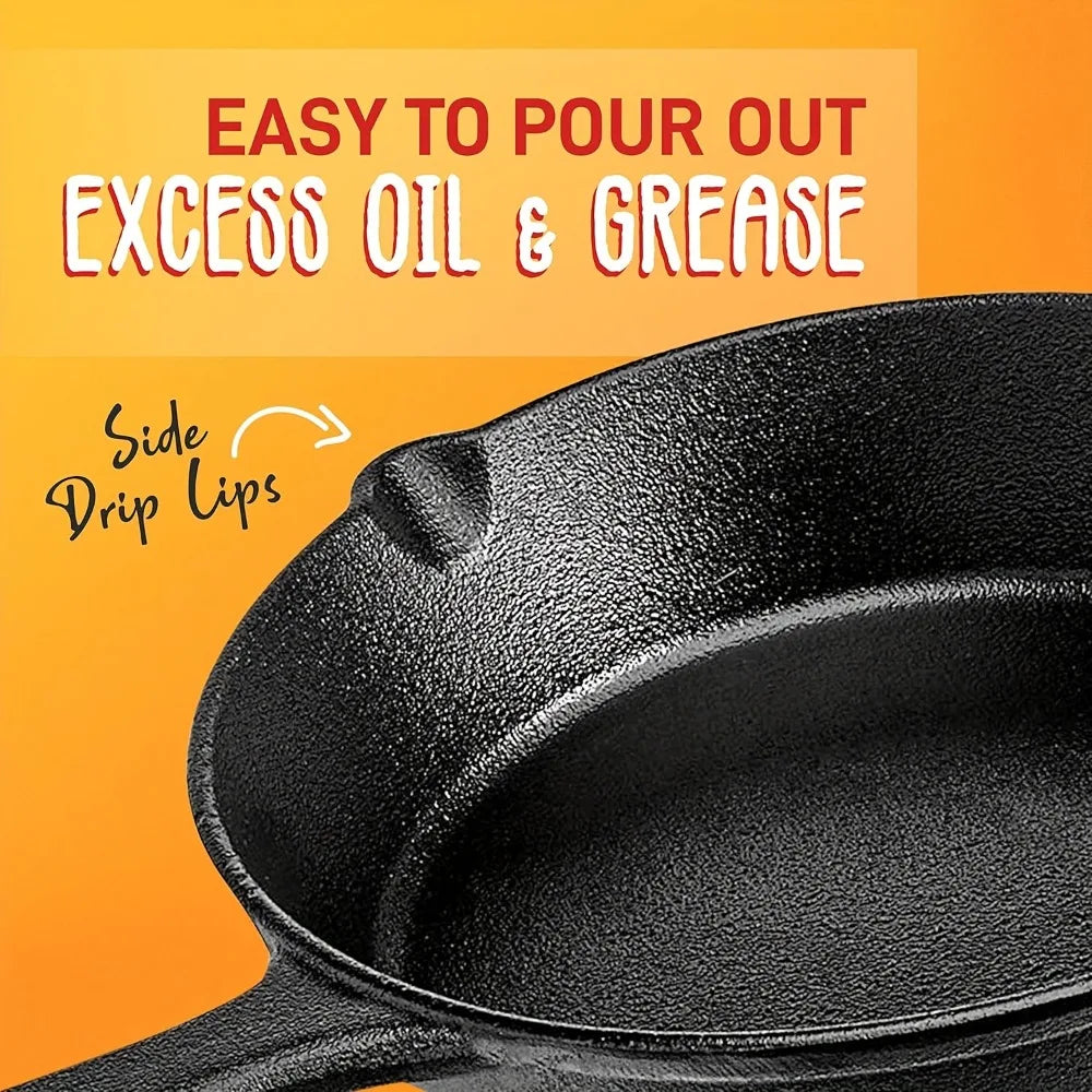 3-Piece Cast Iron Skillet Set (6/8/10 Inch) - Pre-Seasoned, Non-Stick