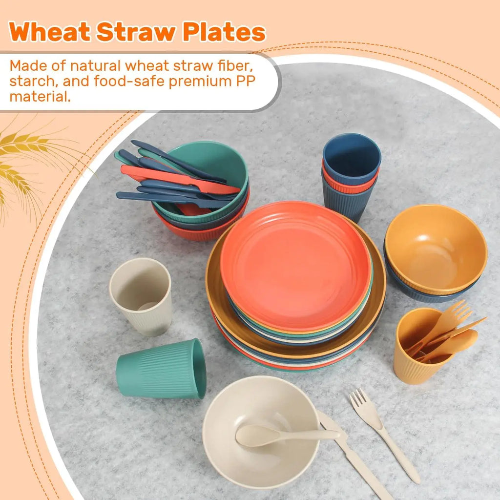56-Piece Unbreakable Wheat Straw Dinnerware Set, Dishwasher & Microwave Safe for Apartment Essentials and Outdoor Camping