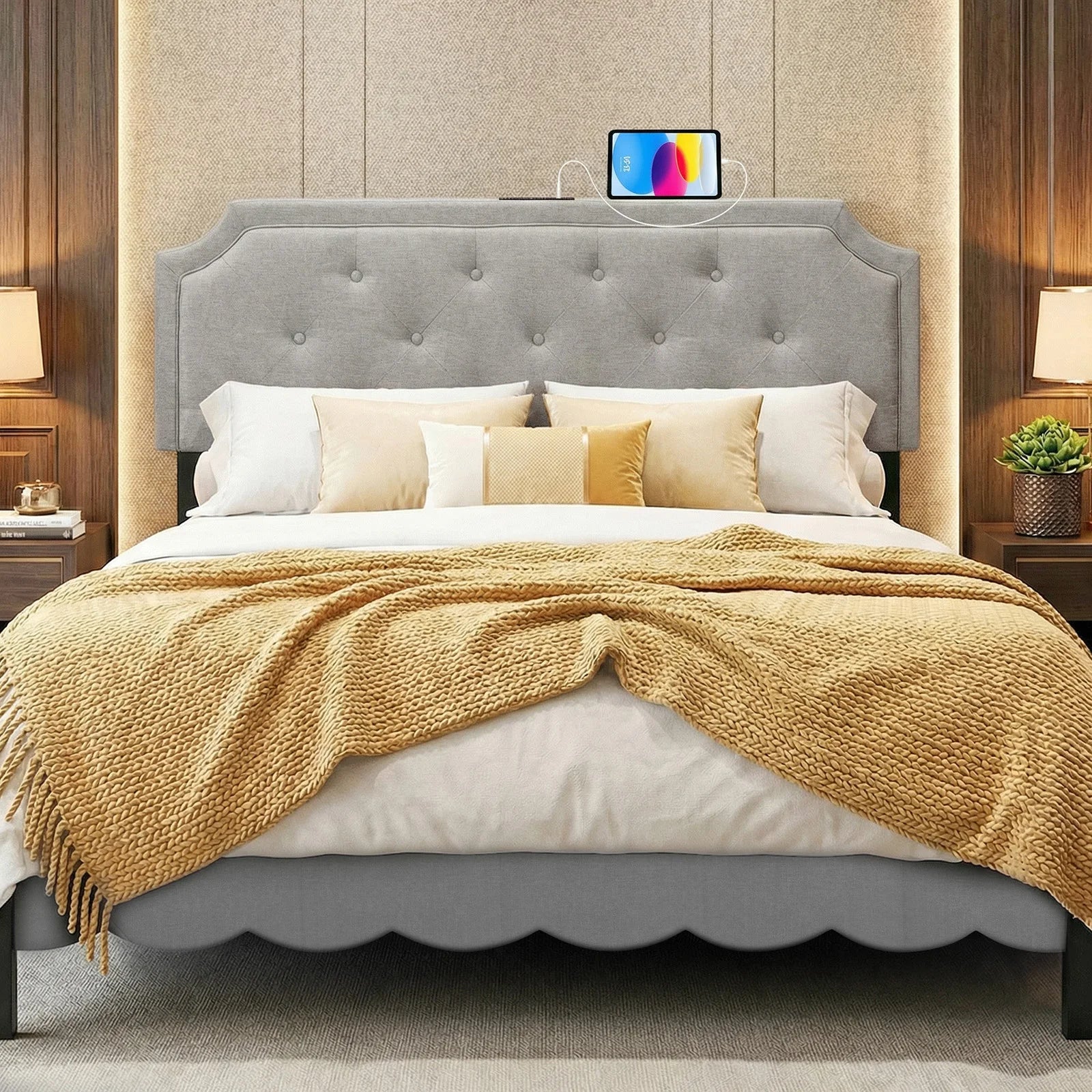 Headboard for Queen & Full Size Bed, Tufted Upholstered Head Board w/ 2 AC Outlets