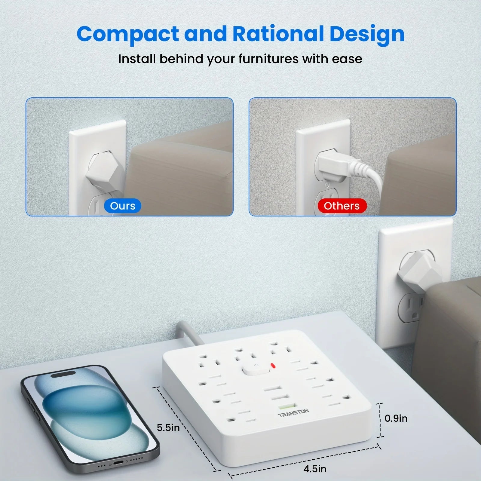 TRANSTON   Power strip with Surge Protector, 9 power strip   3 USB Ports,5ft Extension Cord, Quick Charge, For Home and Off