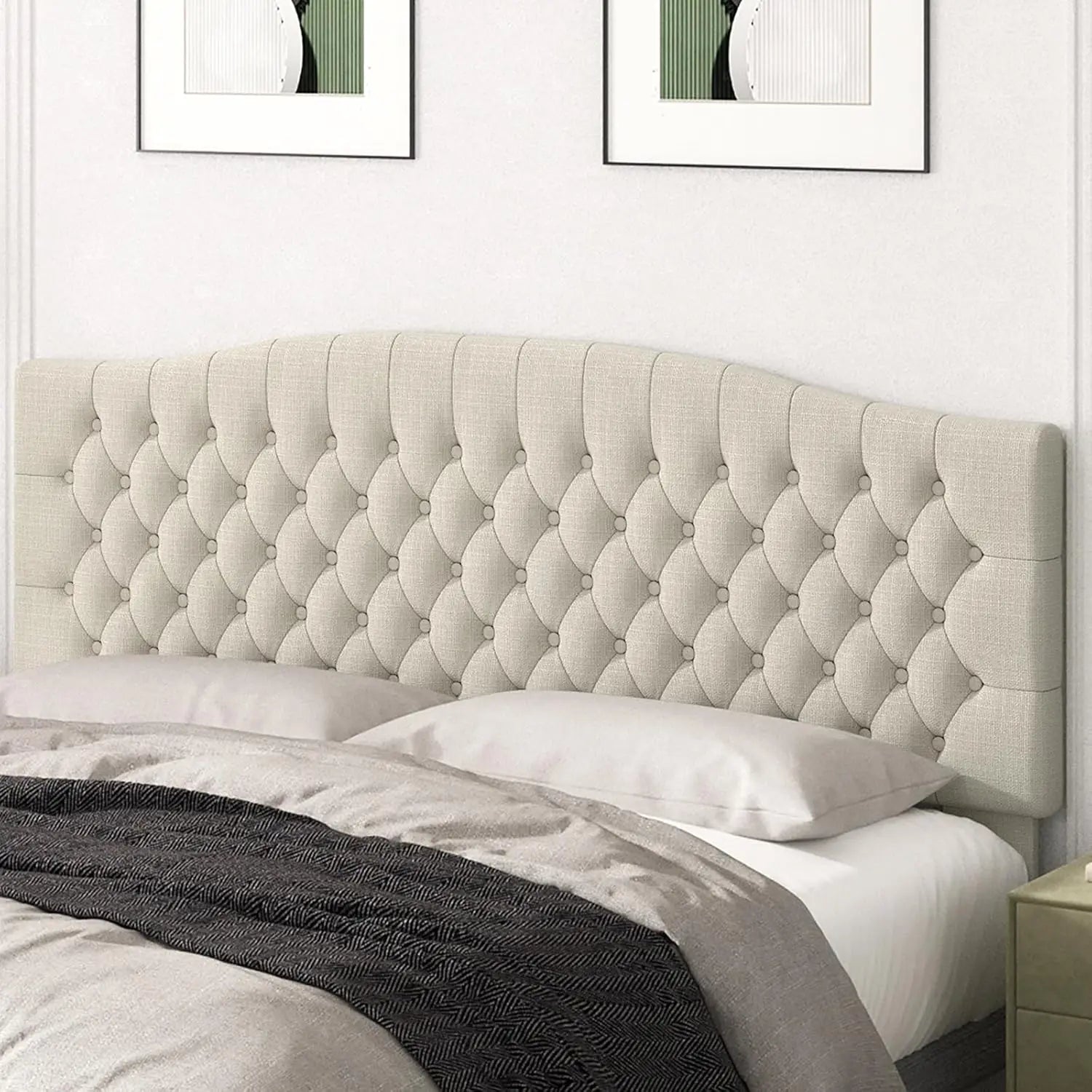 Upholstered King Size Headboard with Solid Wood Legs, Tufted Linen Design