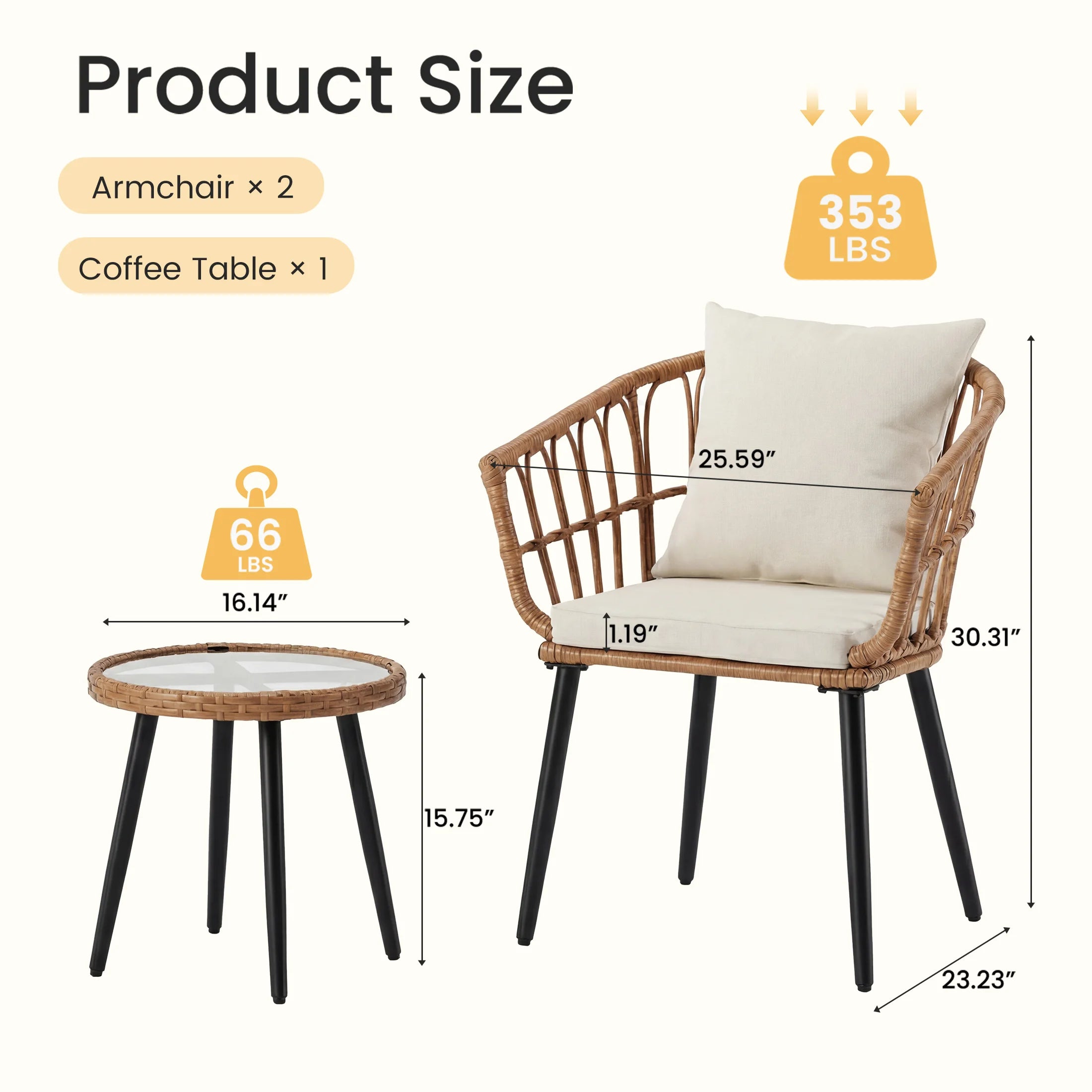 3 Pieces Wicker Patio Outdoor Set with Soft Cushions ,and Glass Steel Frame Table