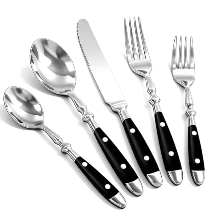 20pcs Black Silverware Set for 4 Vintage Flatware with Black Bakelite Handle