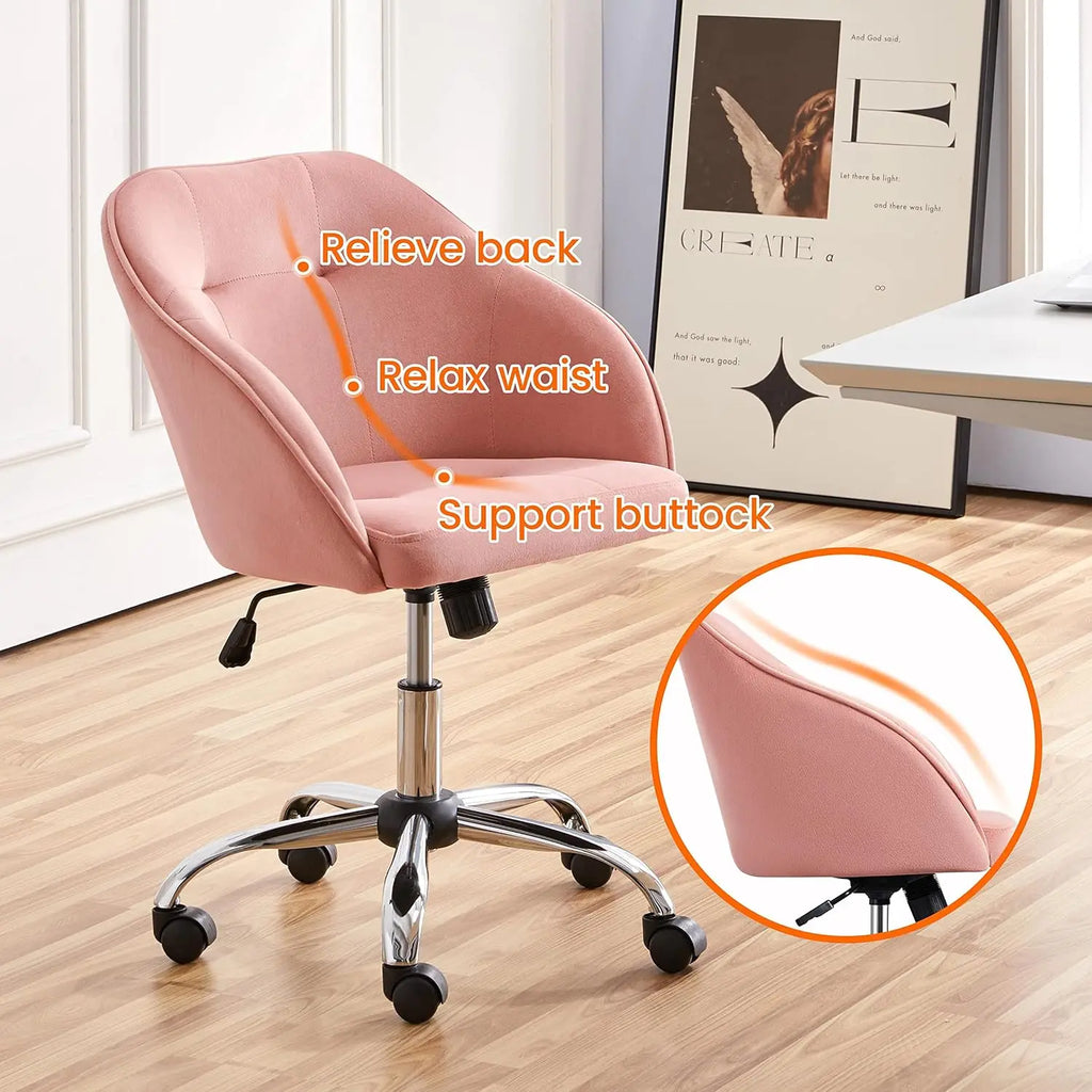 Pink Velvet Swivel Office Chair with Wheels, Adjustable Height for Desk, Bedroom, Living Room