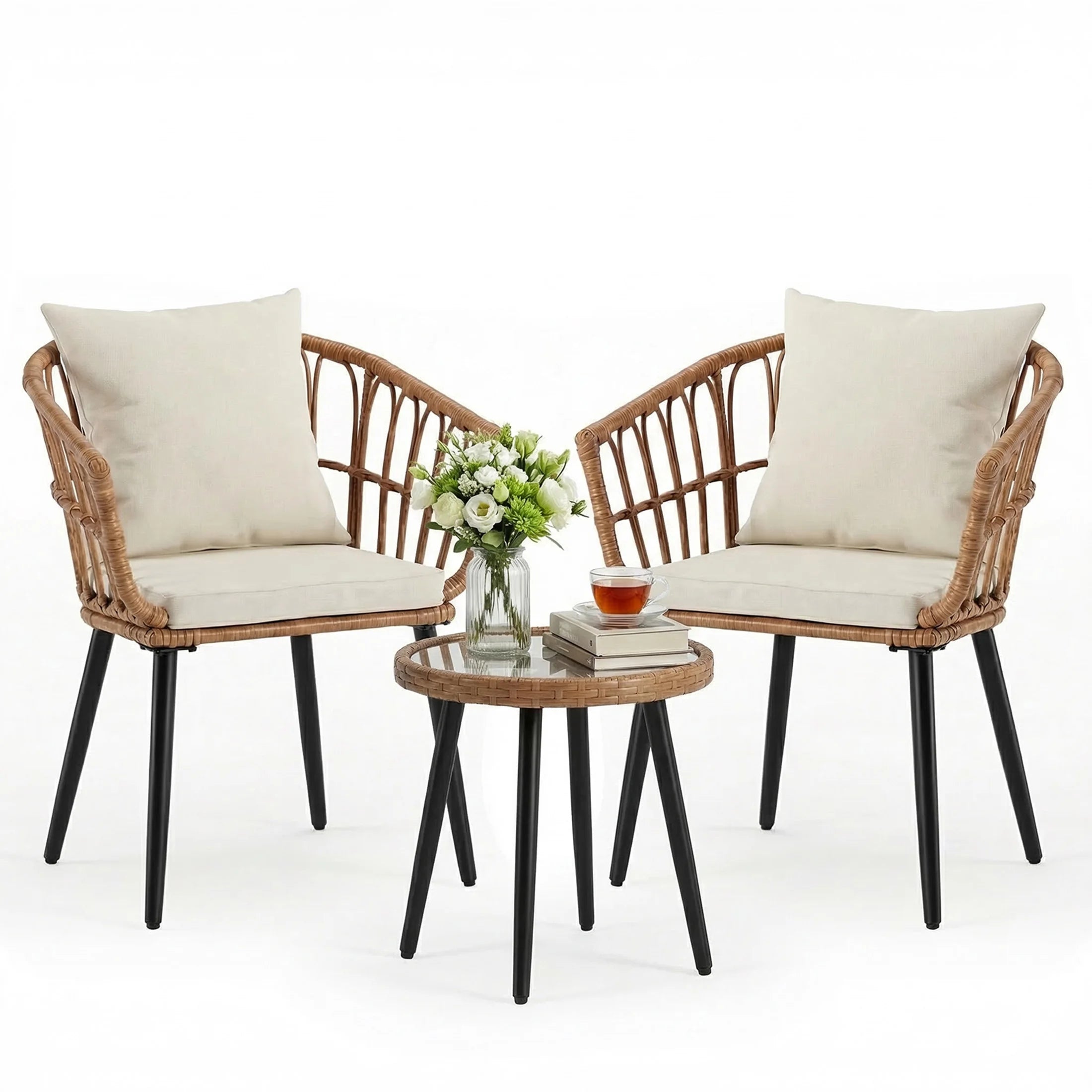 3 Pieces Wicker Patio Outdoor Set with Soft Cushions ,and Glass Steel Frame Table