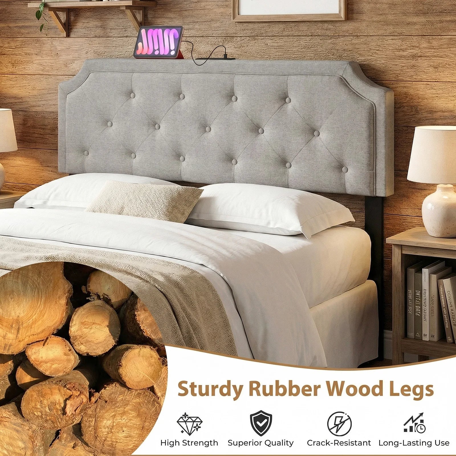 Headboard for Queen & Full Size Bed, Tufted Upholstered Head Board w/ 2 AC Outlets