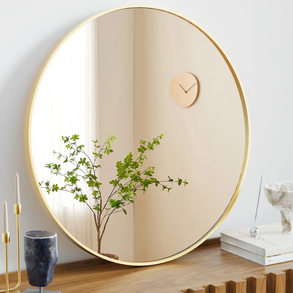 Large Gold Round Vanity Framed Mirror for Wall Matte Metal Framed 30 Inch