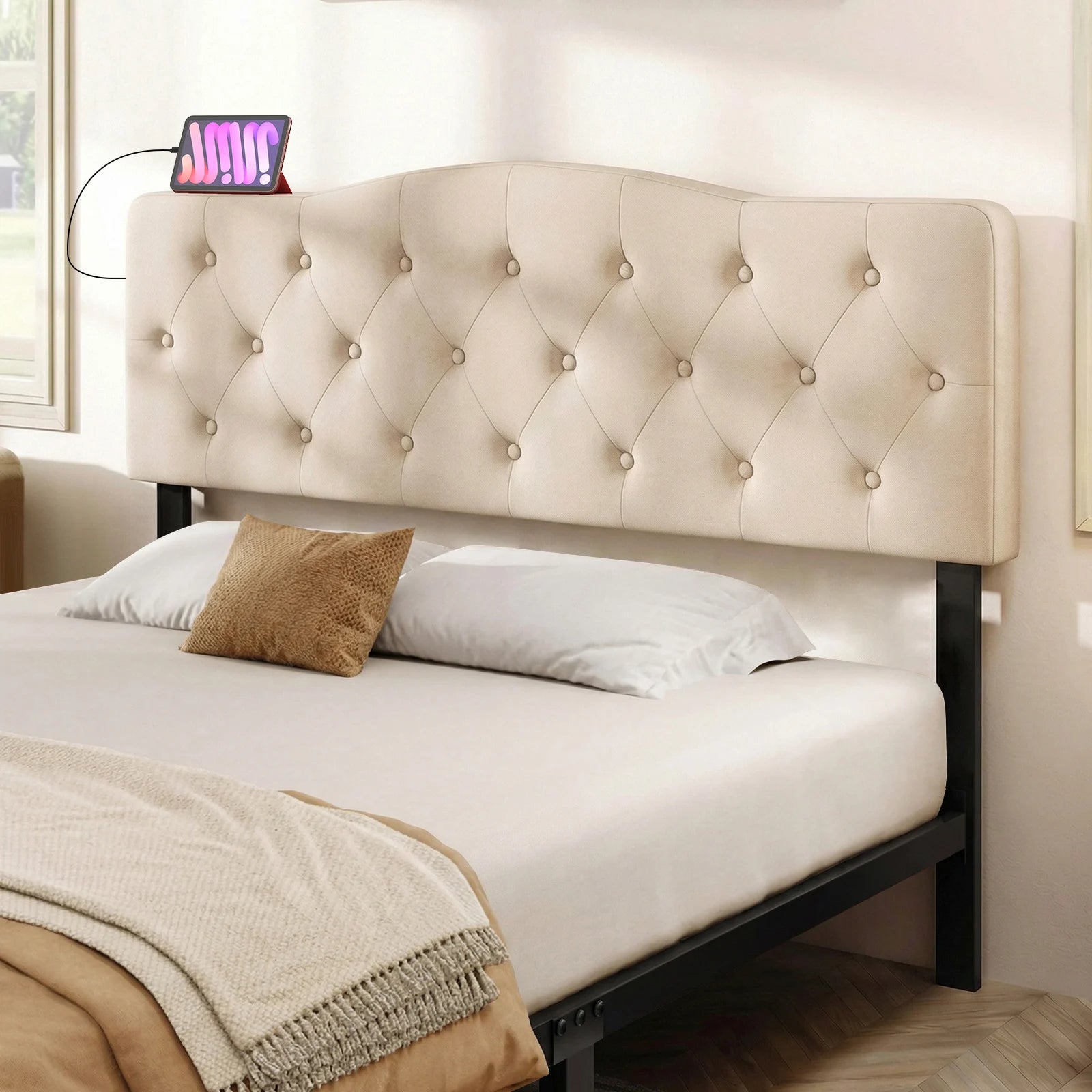 Headboard for Queen & Full Size Bed, Tufted Upholstered Head Board w/ 2AC Outlets