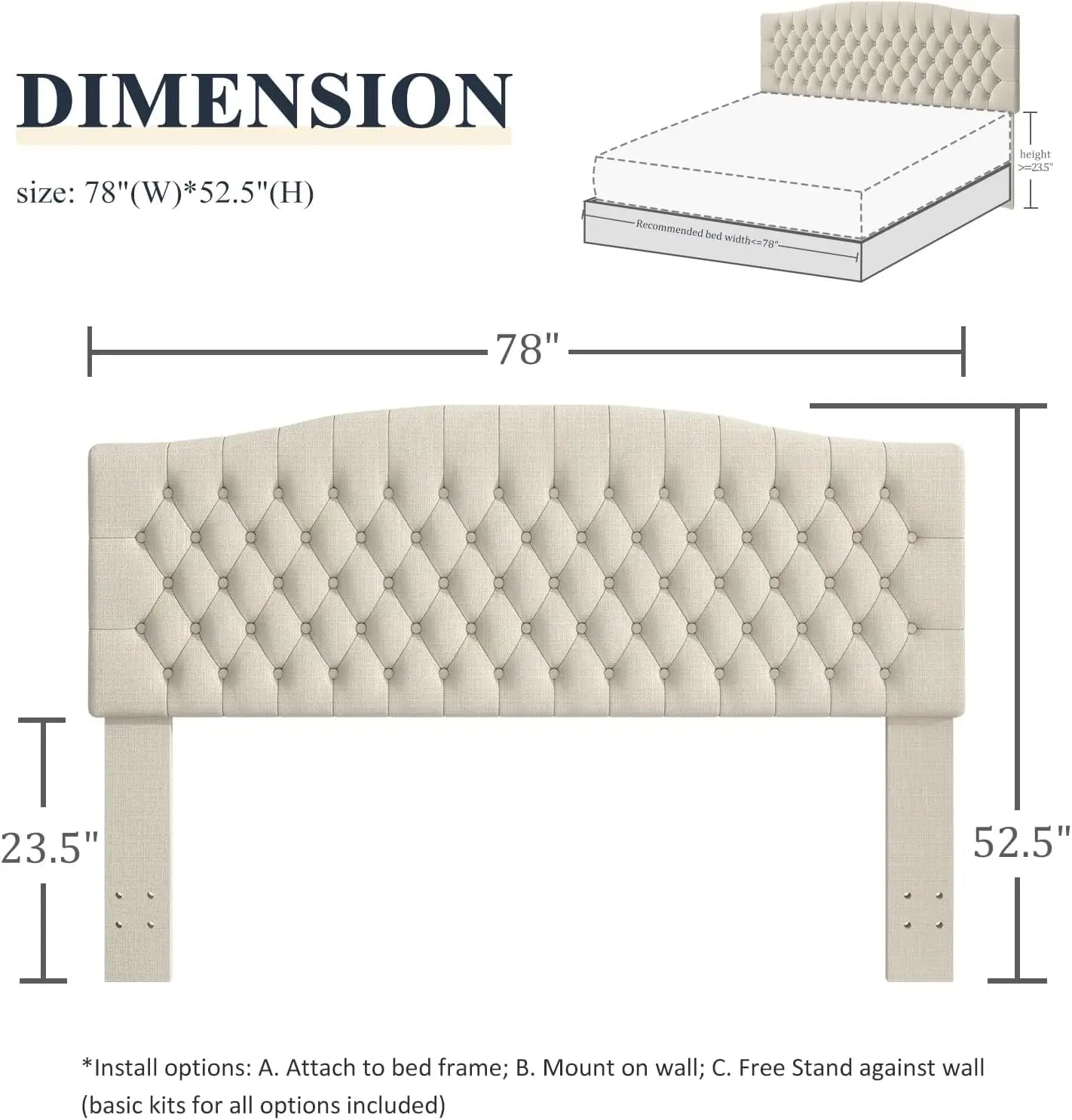 Upholstered King Size Headboard with Solid Wood Legs, Tufted Linen Design