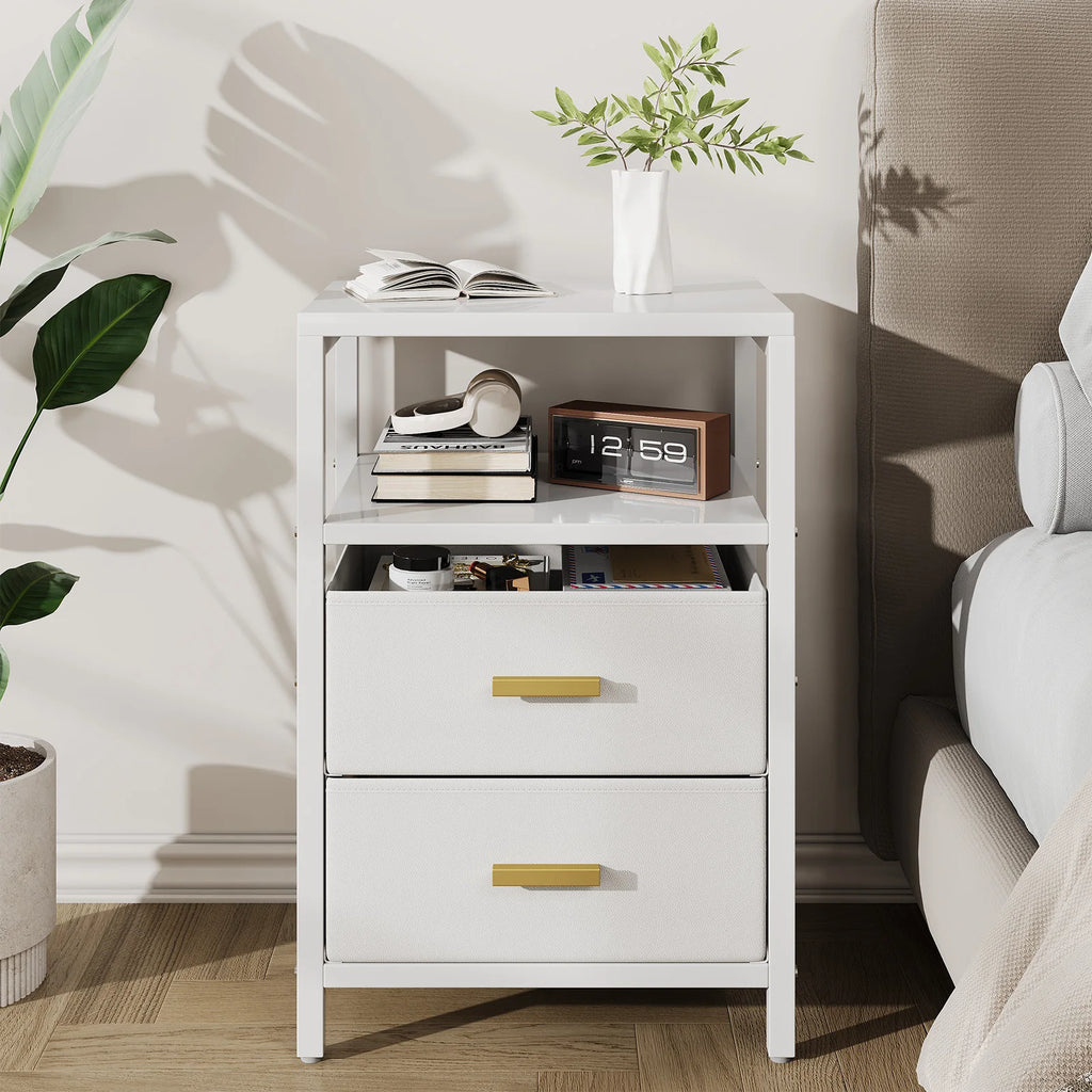 US Side Table Bedside End Table Particle Board Modern Nightstand with 2 Fabric Drawers for Bedroom Living Room White Nightstand
