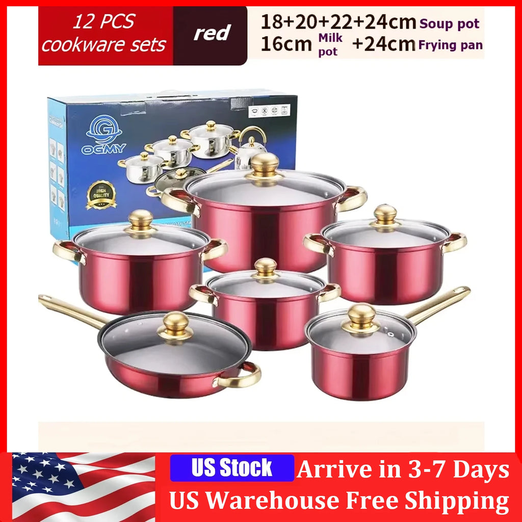12PCS Stainless Steel Colored Cookware Set Non-stick Pan Gold-plated Handle Soup Pot