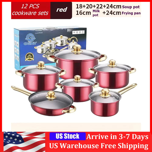12PCS Stainless Steel Colored Cookware Set Non-stick Pan Gold-plated Handle Soup Pot