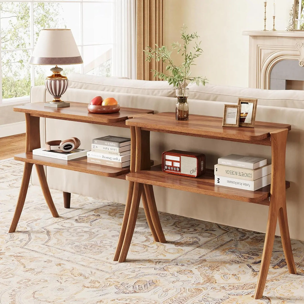 Side Table for Living Room, Farmhouse End Table with 2-Tier Storage Shelf
