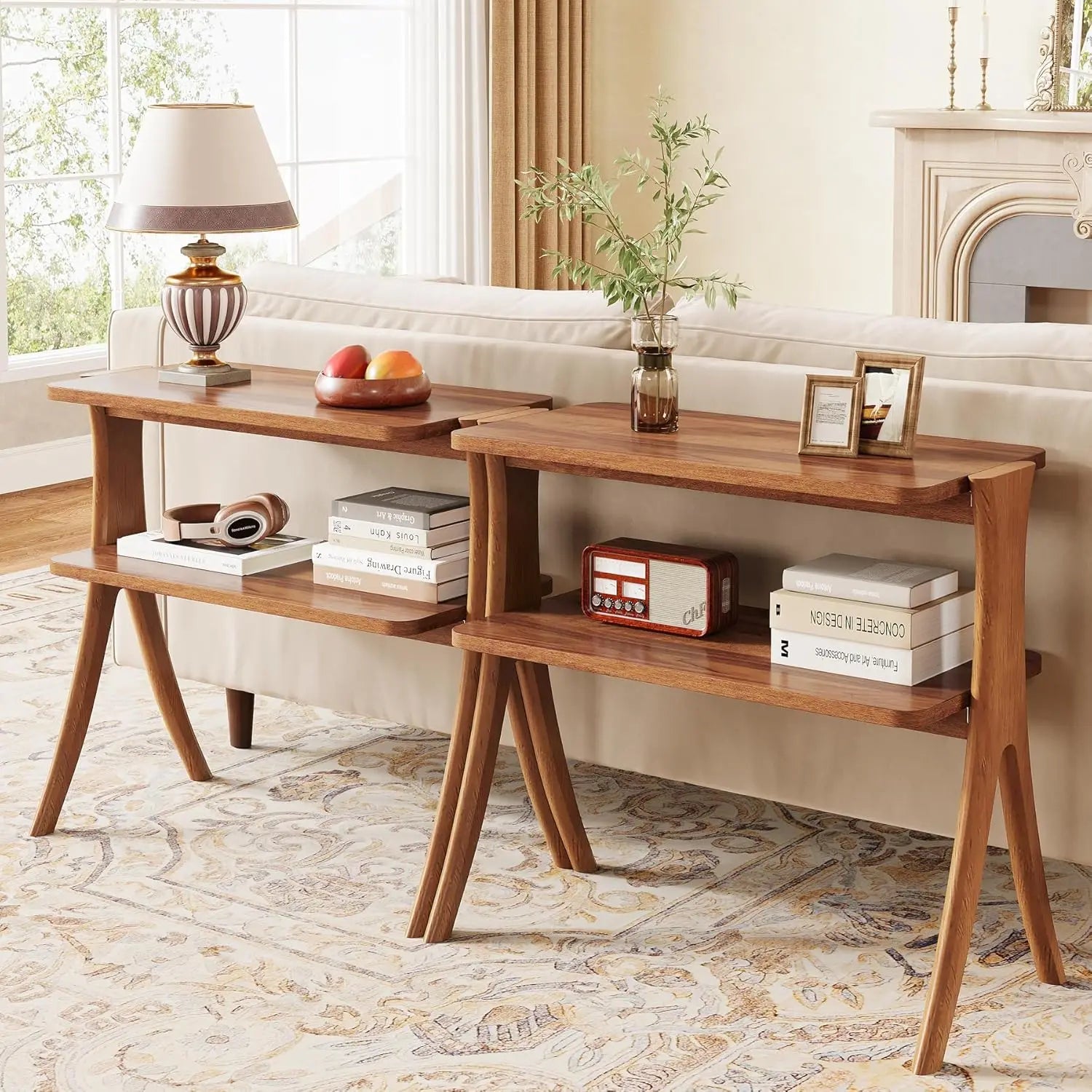 Side Table for Living Room, Farmhouse End Table with 2-Tier Storage Shelf