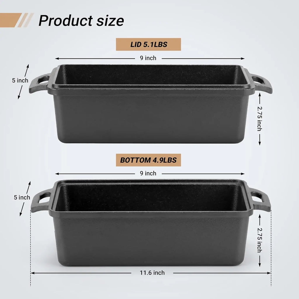 9x5 Inch Cast Iron Loaf Pan with Lid for Even Baking of Bread, Cake, and Meatloaf - 2-Piece Set