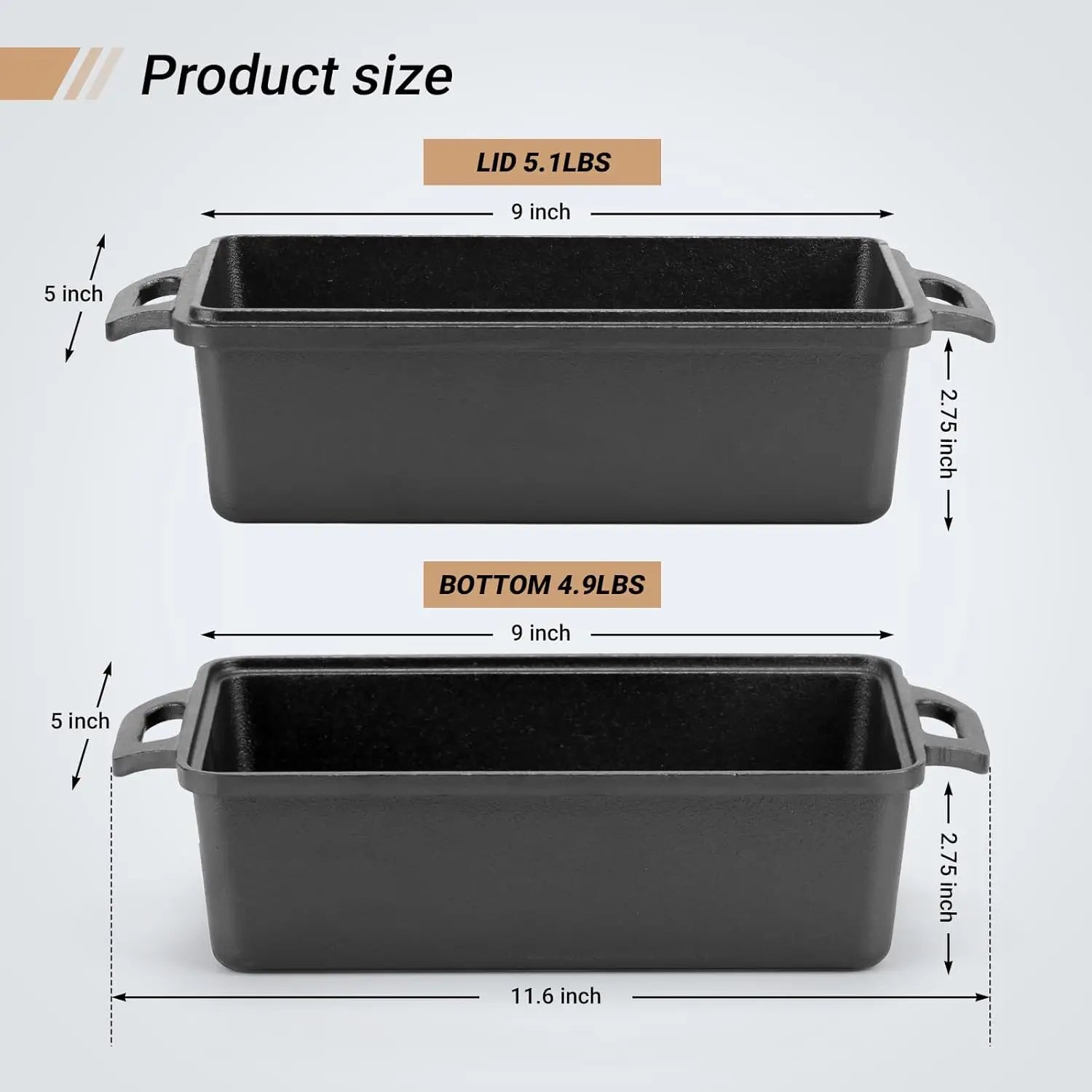 9x5 Inch Cast Iron Loaf Pan with Lid for Even Baking of Bread, Cake, and Meatloaf - 2-Piece Set