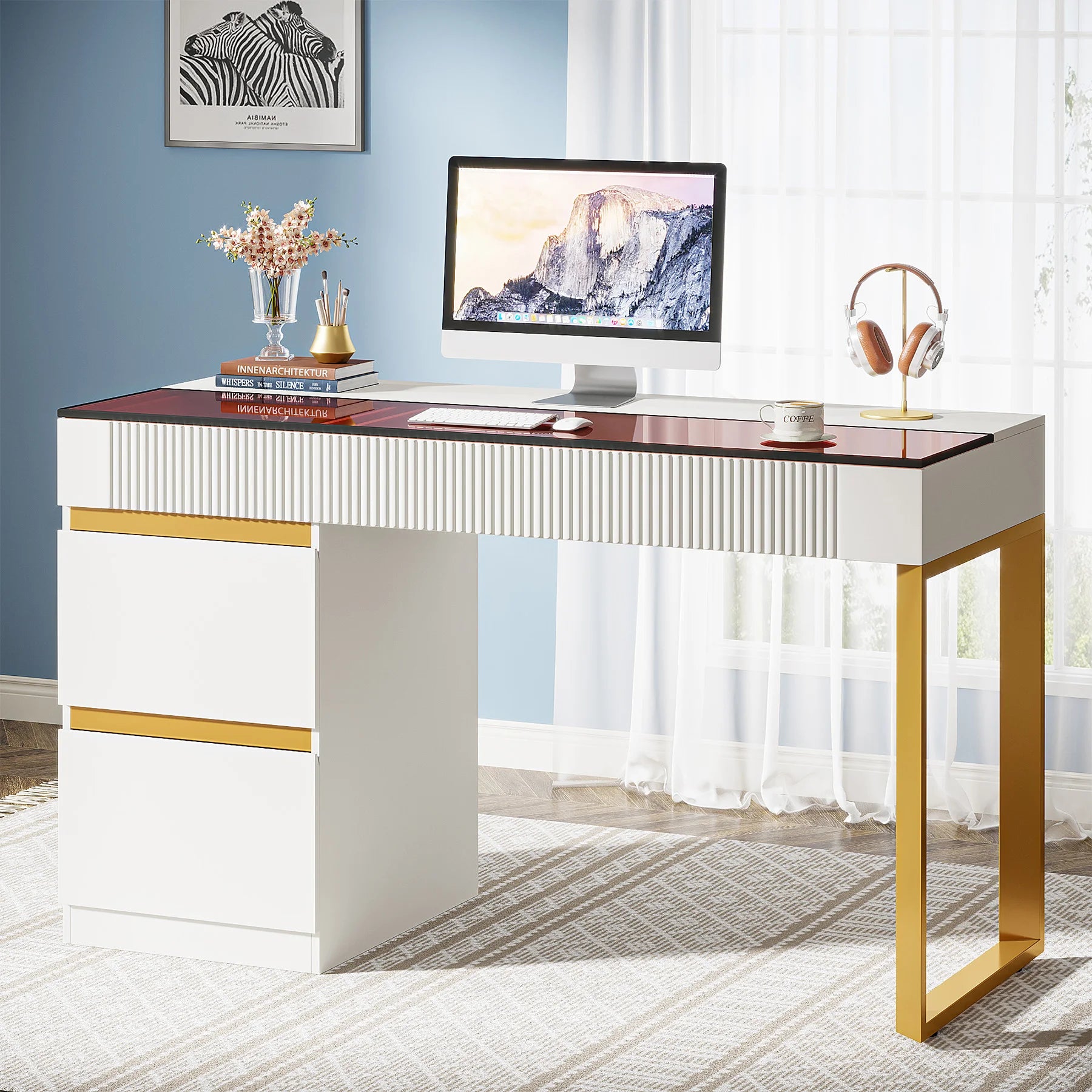 Computer Desk with 4 Drawers,  Modern Home Office Desk with Glass Top