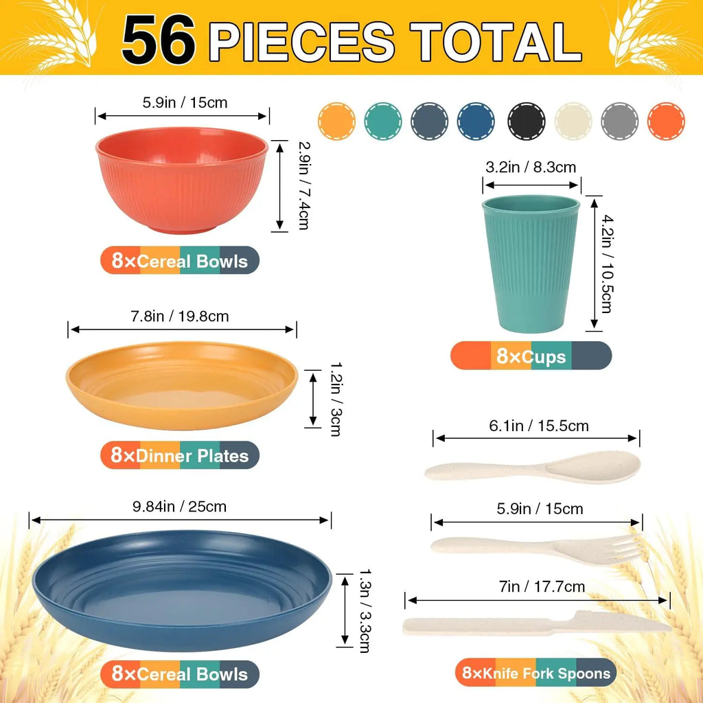 56-Piece Unbreakable Wheat Straw Dinnerware Set, Dishwasher & Microwave Safe for Apartment Essentials and Outdoor Camping