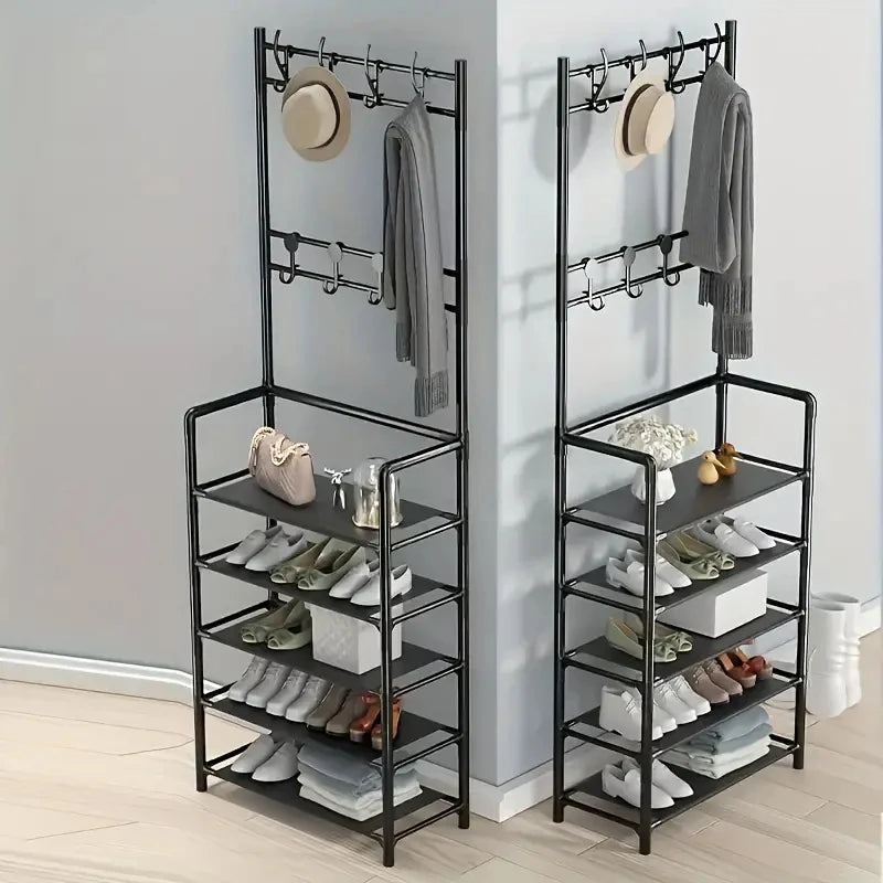 A clothes hanger and shoe rack at the entrance of home