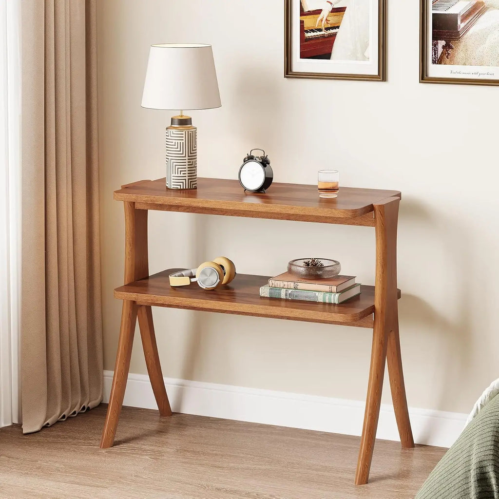 Side Table for Living Room, Farmhouse End Table with 2-Tier Storage Shelf