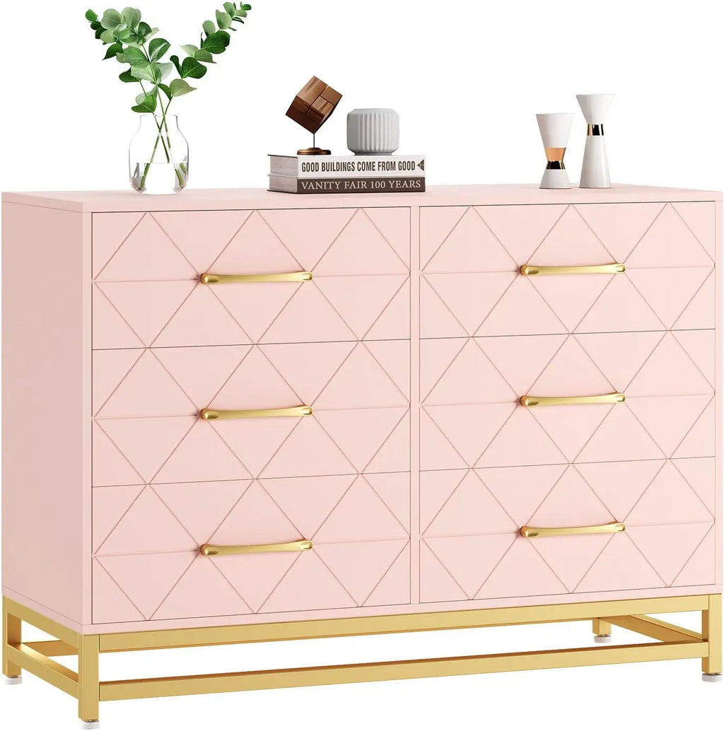 Modern Elegant 6 Drawer Dresser with Gold Handles