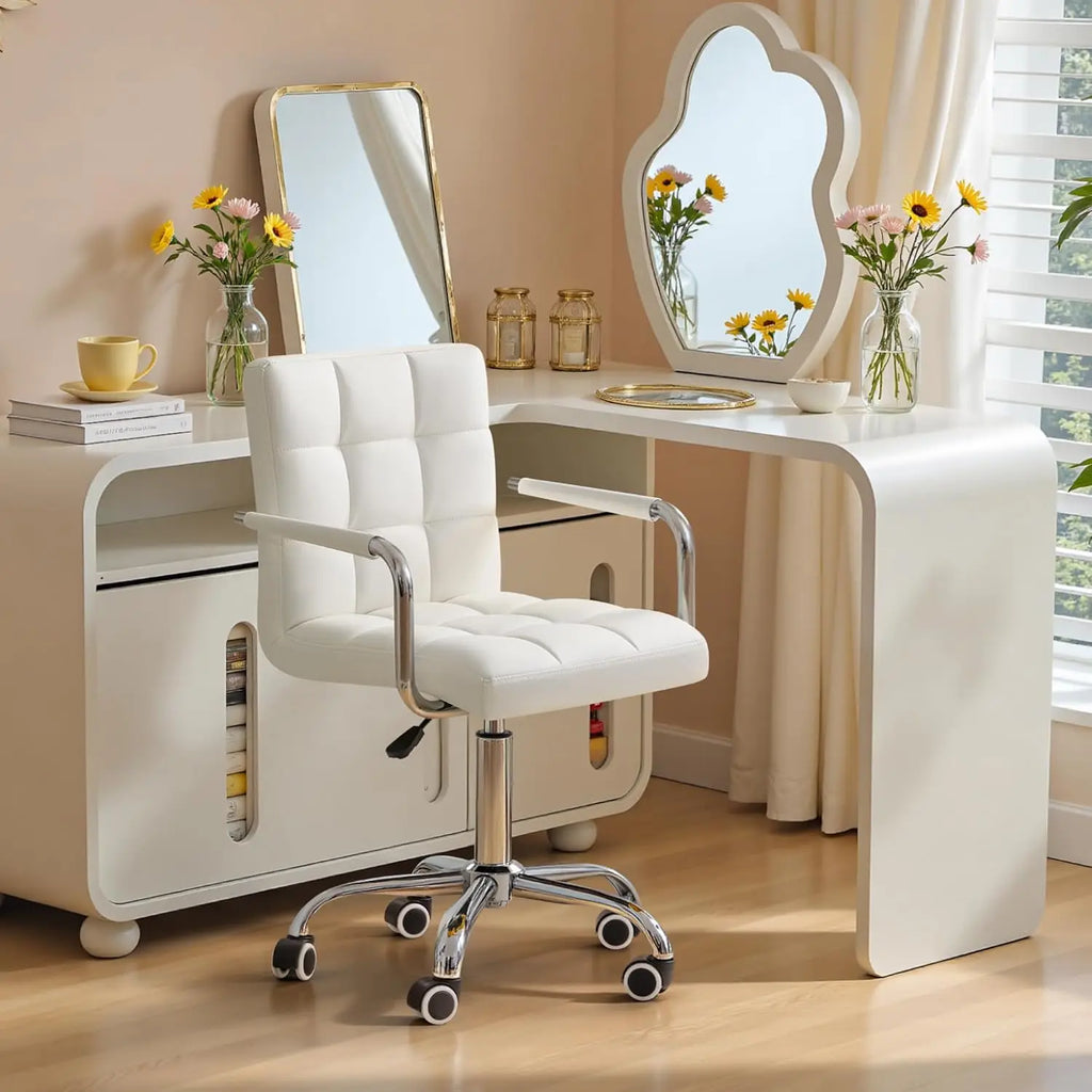 Modern Adjustable Office Chair with PU Leather, Swivel Base and Arms for Home Desk - White