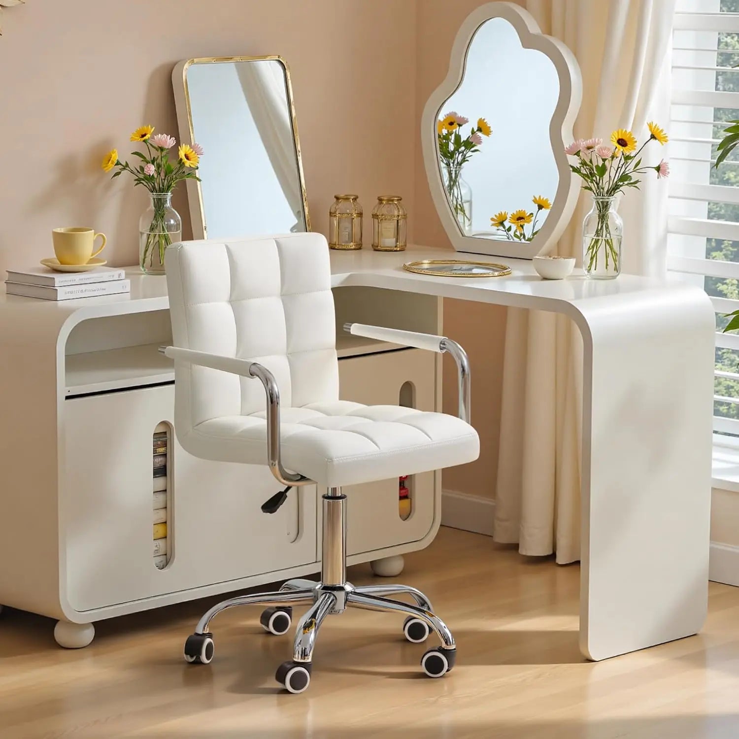 Modern Adjustable Office Chair with PU Leather, Swivel Base and Arms for Home Desk - White