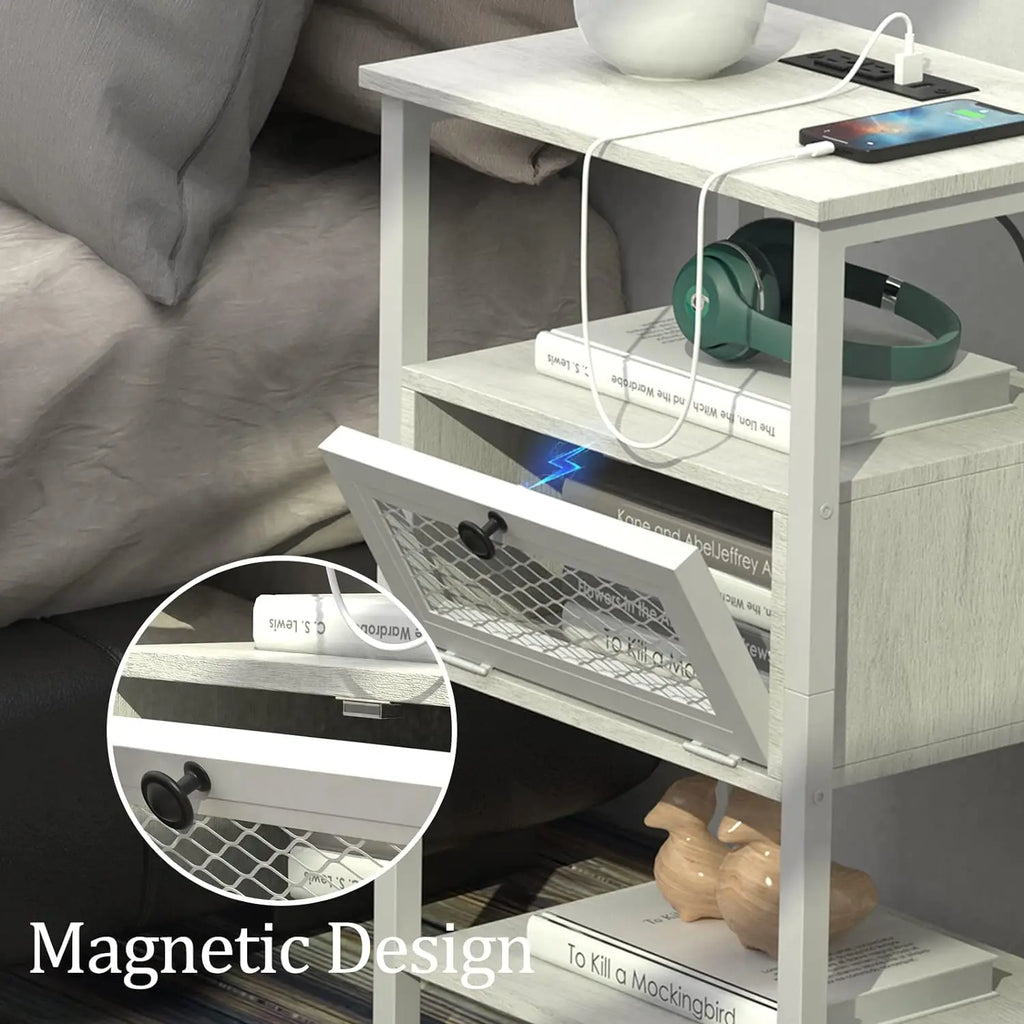 Set of 2 Nightstand Charging Station End Side Table Flip Storage