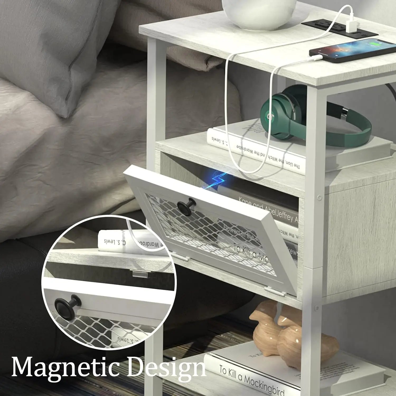 Set of 2 Nightstand Charging Station End Side Table Flip Storage