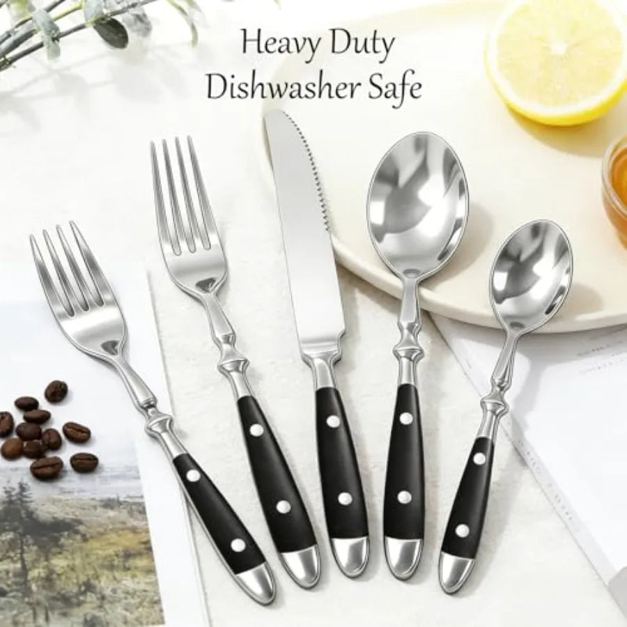 20pcs Black Silverware Set for 4 Vintage Flatware with Black Bakelite Handle
