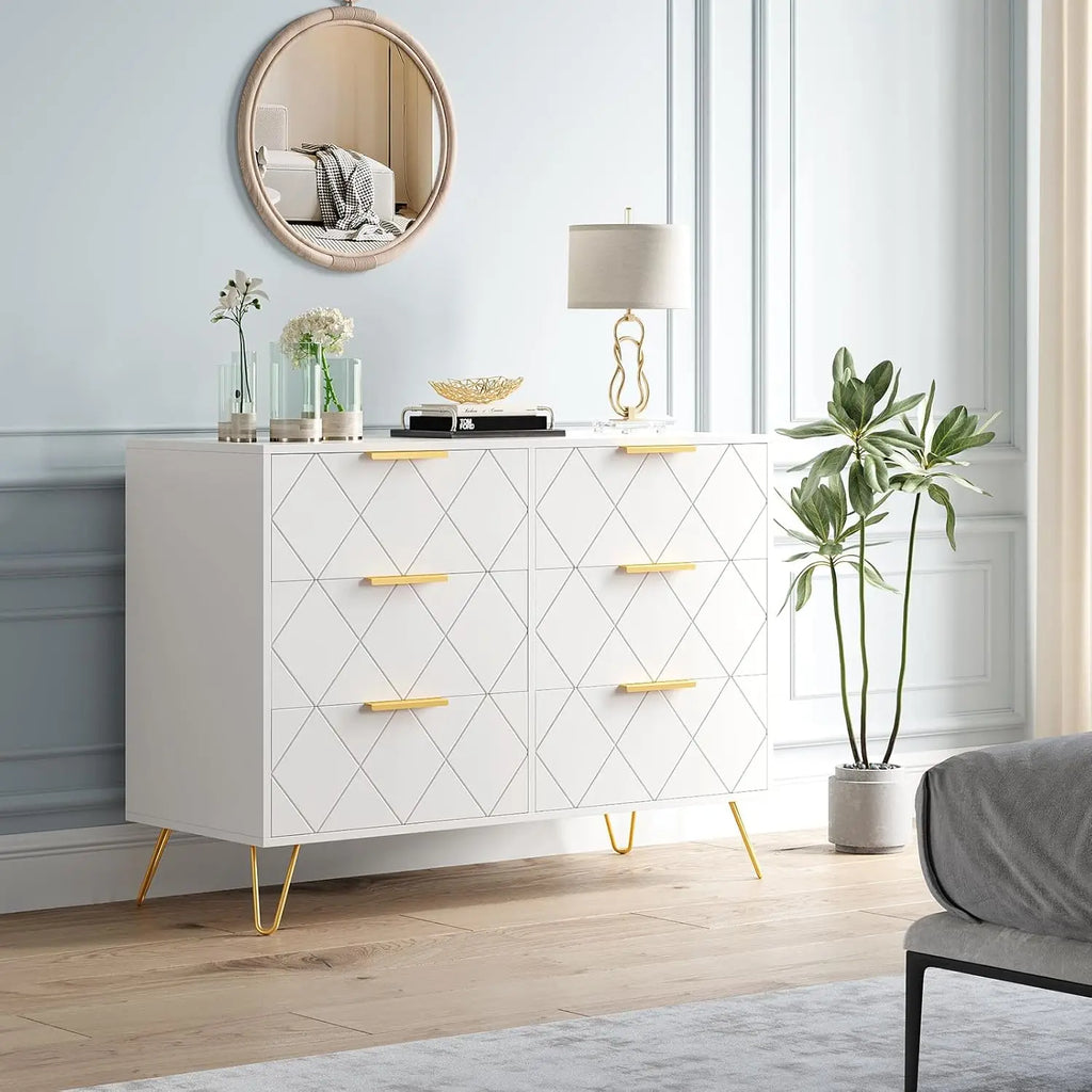 Modern Elegant 6 Drawer Dresser with Gold Handles