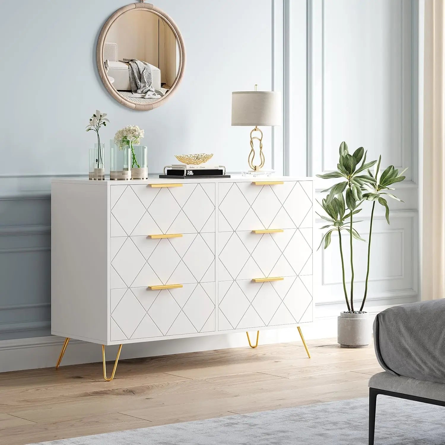 Modern Elegant 6 Drawer Dresser with Gold Handles