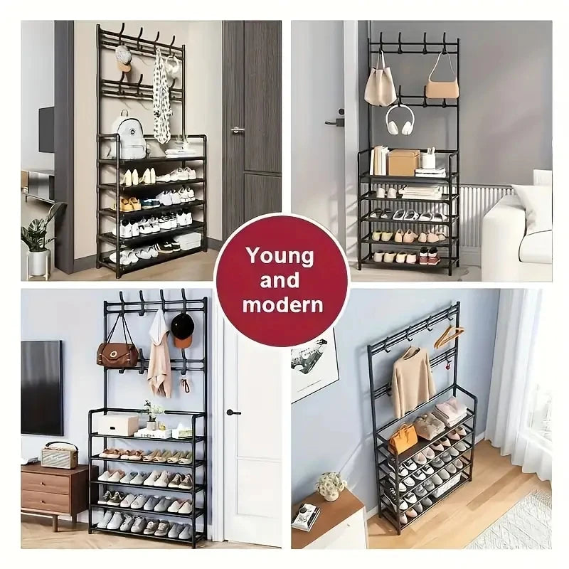 A clothes hanger and shoe rack at the entrance of home