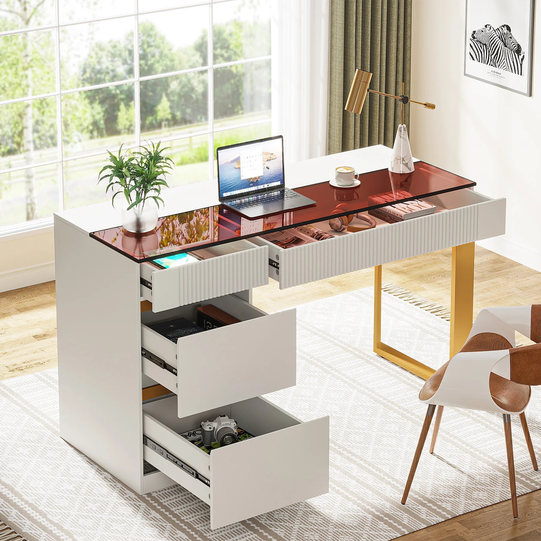 Computer Desk with 4 Drawers,  Modern Home Office Desk with Glass Top