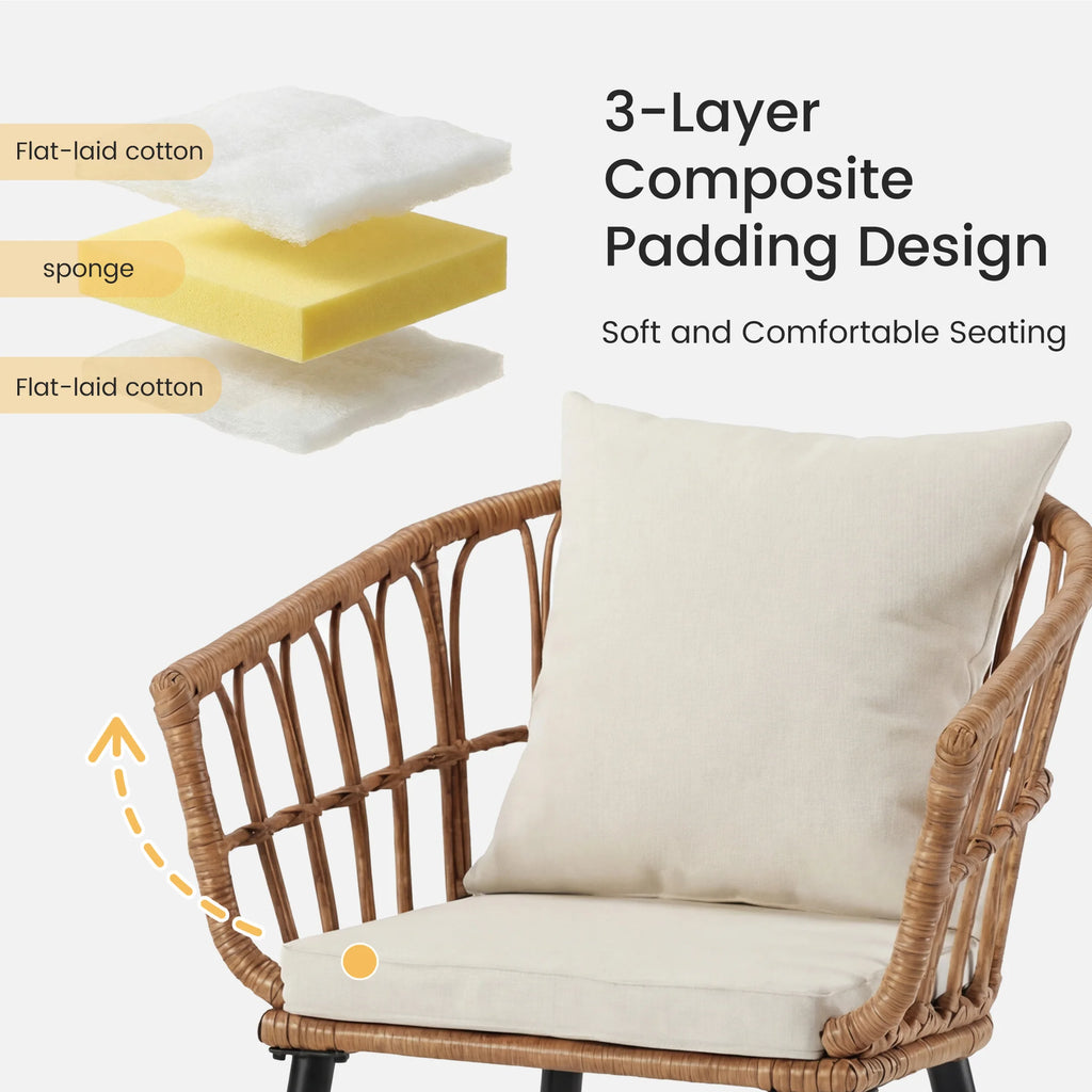 3 Pieces Wicker Patio Outdoor Set with Soft Cushions ,and Glass Steel Frame Table