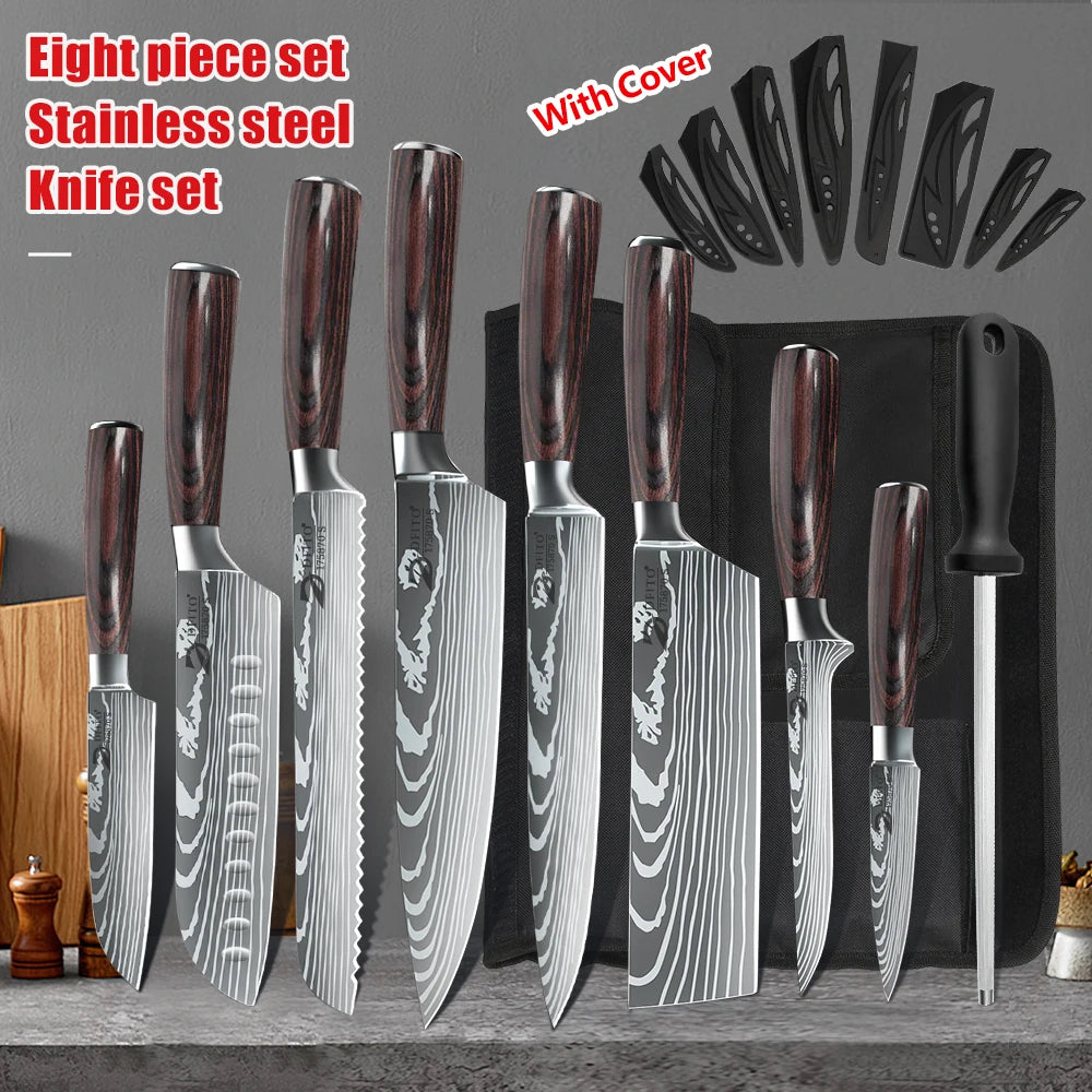 Kitchen Knife Set 7Cr17Mov Stainless Steel Chef Knife Ultra Sharp Santoku Cleaver