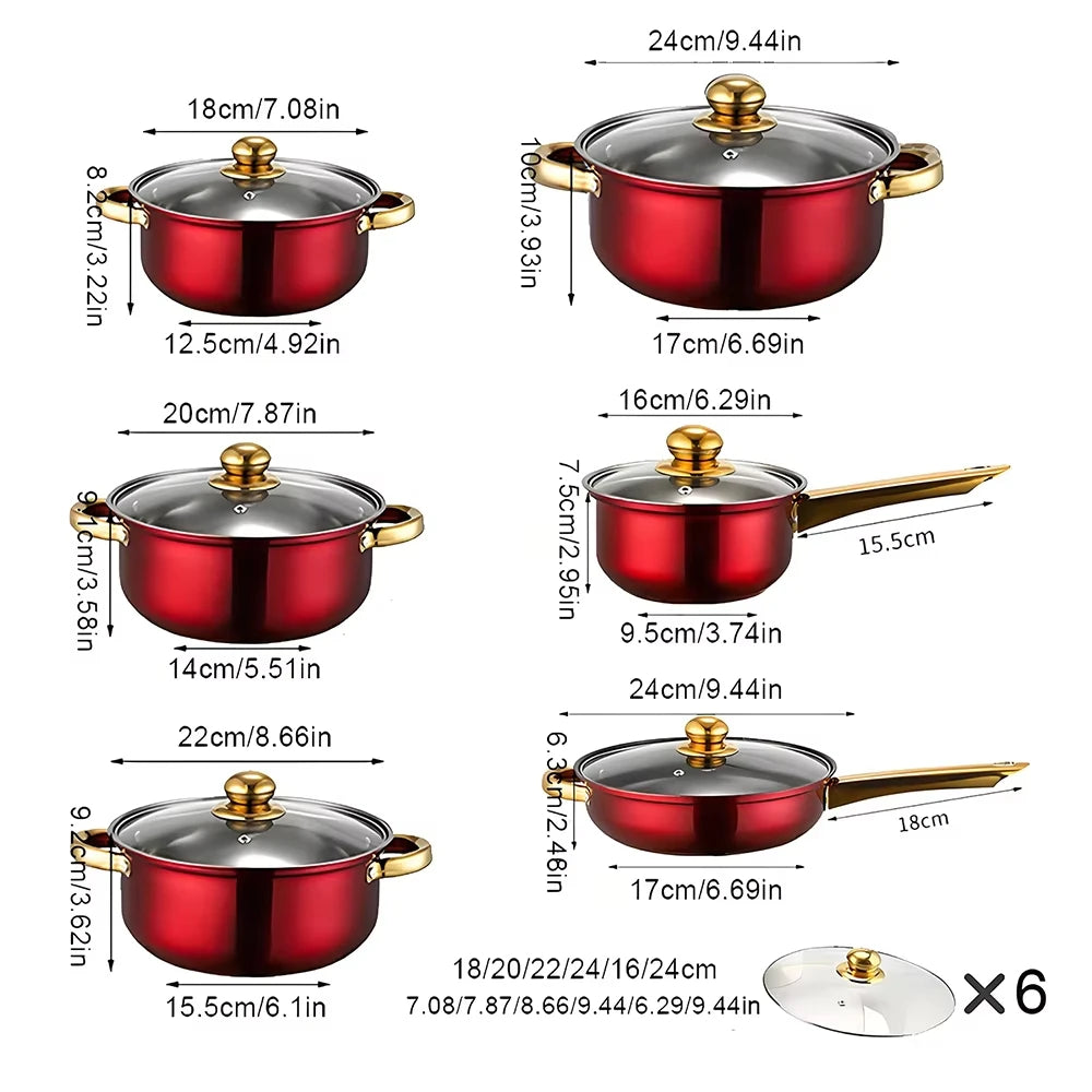 12PCS Stainless Steel Colored Cookware Set Non-stick Pan Gold-plated Handle Soup Pot