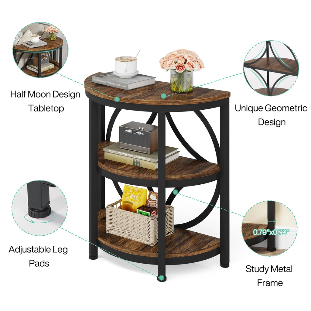 Half Round End Table for Living Room, 3-Tier Half Side Table with Metal Frame