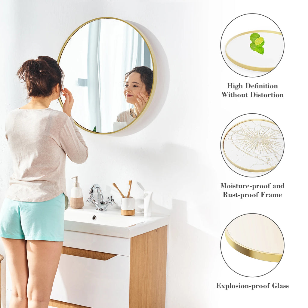 Large Gold Round Vanity Framed Mirror for Wall Matte Metal Framed 30 Inch
