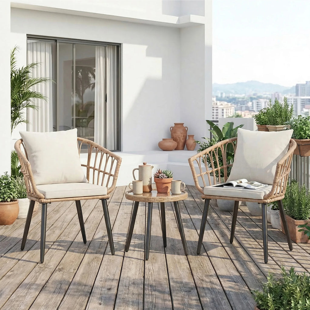 3 Pieces Wicker Patio Outdoor Set with Soft Cushions ,and Glass Steel Frame Table