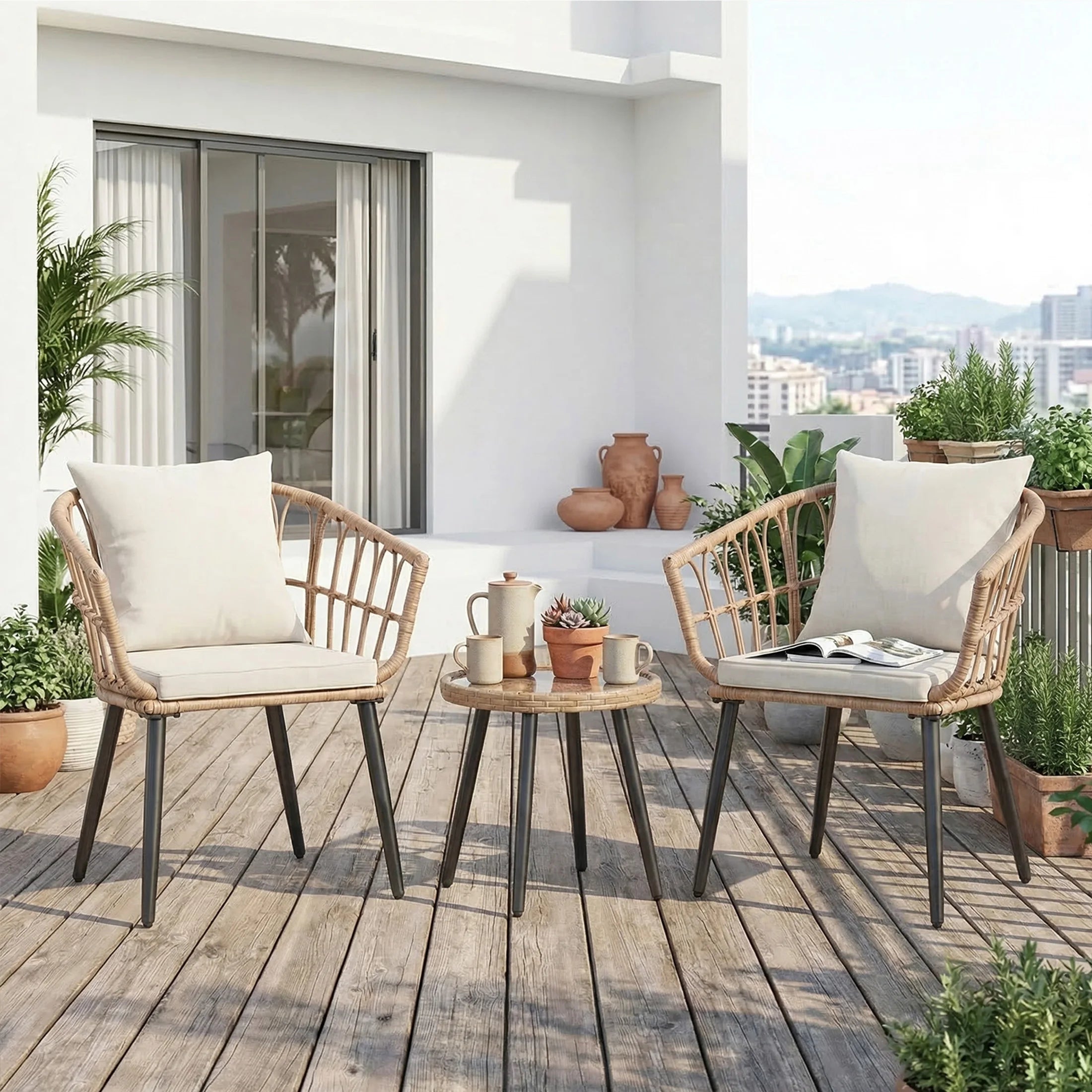 3 Pieces Wicker Patio Outdoor Set with Soft Cushions ,and Glass Steel Frame Table