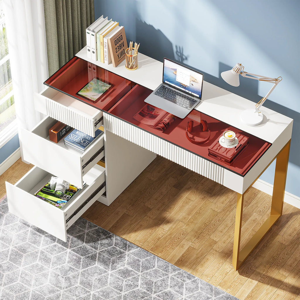Computer Desk with 4 Drawers,  Modern Home Office Desk with Glass Top