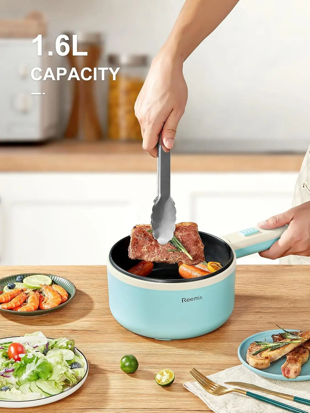 1.6L Electric Hot Pot with Steamer, Non-Stick Pan for Soup, Oatmeal - Portable