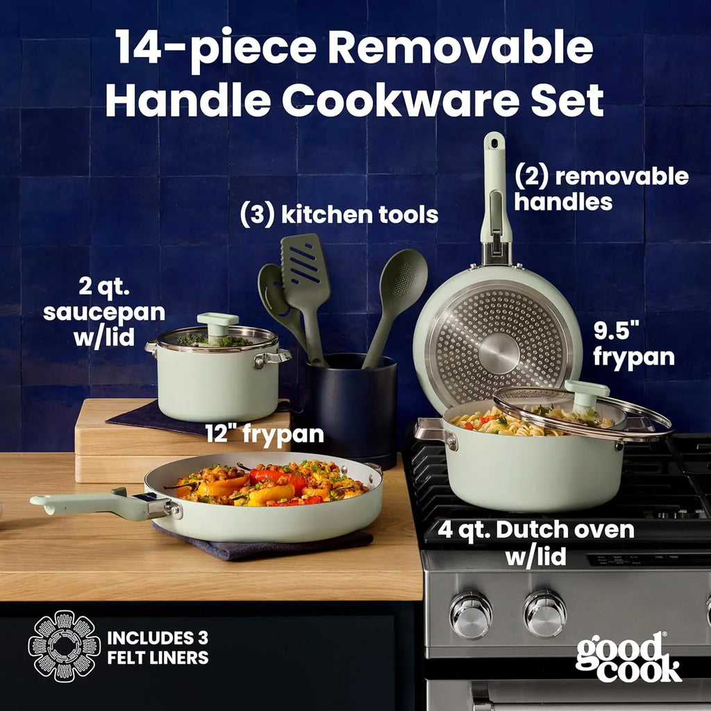 14-Piece Ceramic Cookware Set with Removable Handles, Nonstick Pots & Pans