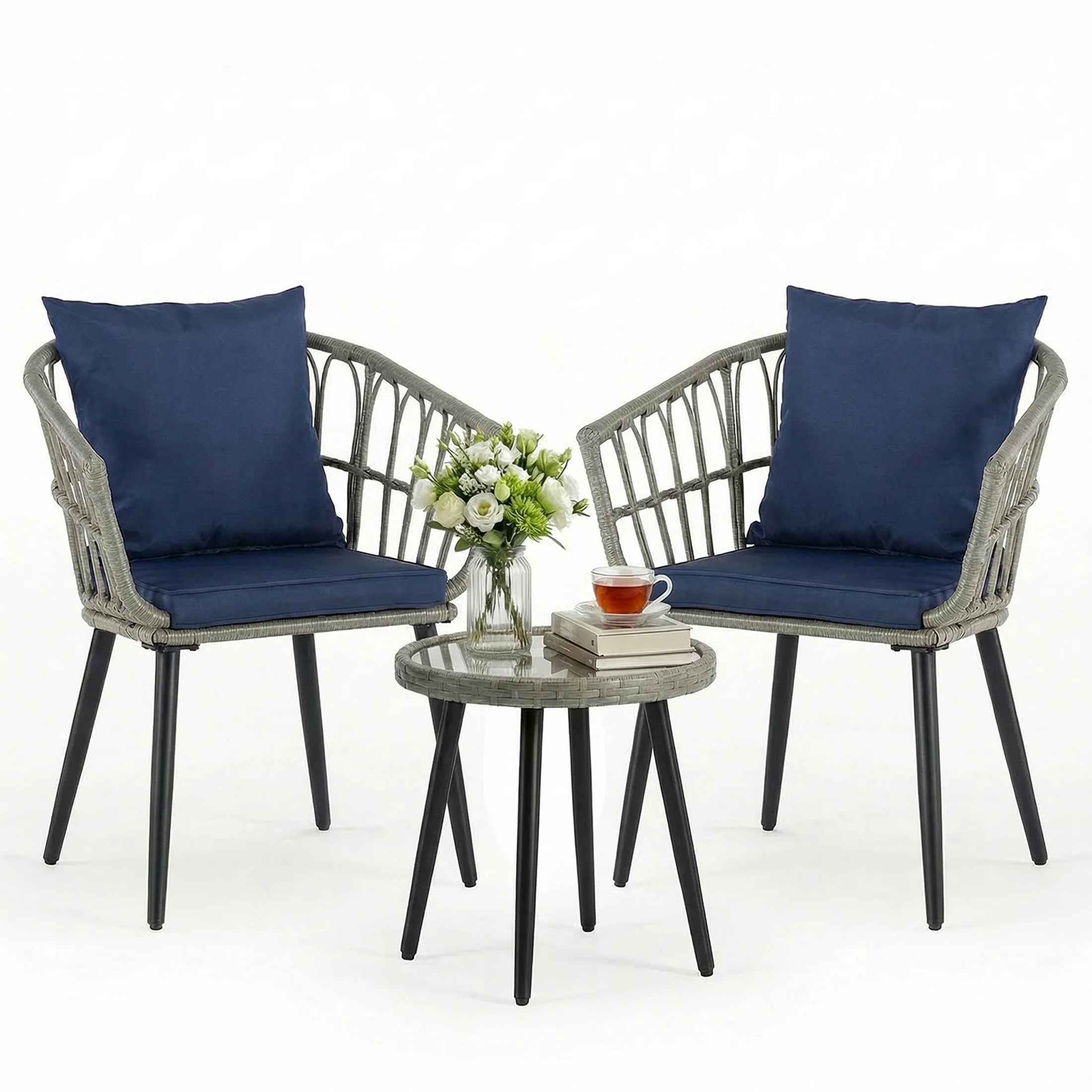 3 Pieces Wicker Patio Outdoor Set with Soft Cushions ,and Glass Steel Frame Table