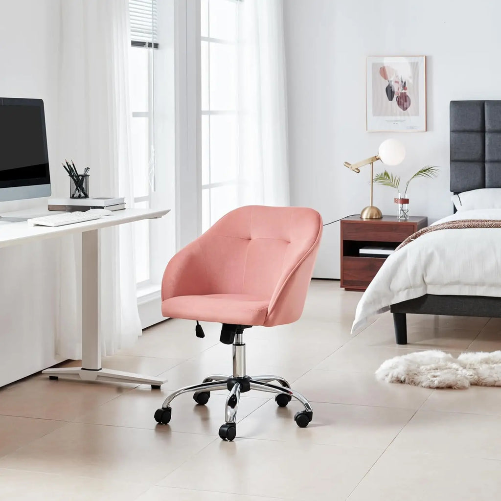 Pink Velvet Swivel Office Chair with Wheels, Adjustable Height for Desk, Bedroom, Living Room