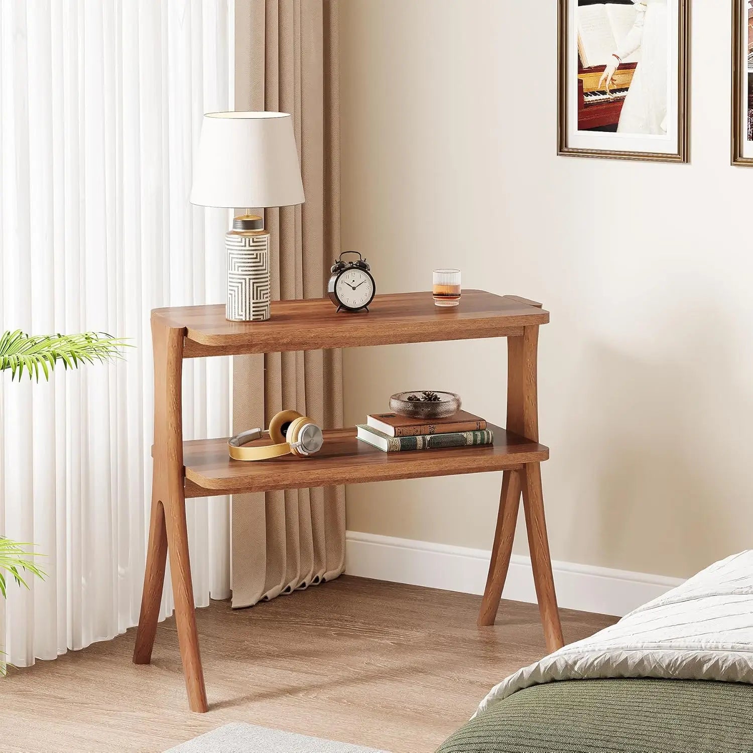 Side Table for Living Room, Farmhouse End Table with 2-Tier Storage Shelf