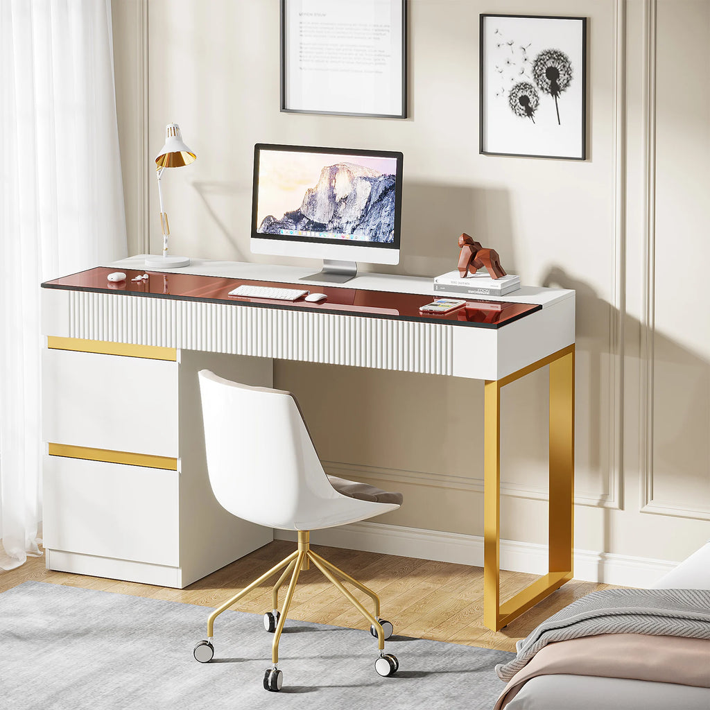 Computer Desk with 4 Drawers,  Modern Home Office Desk with Glass Top