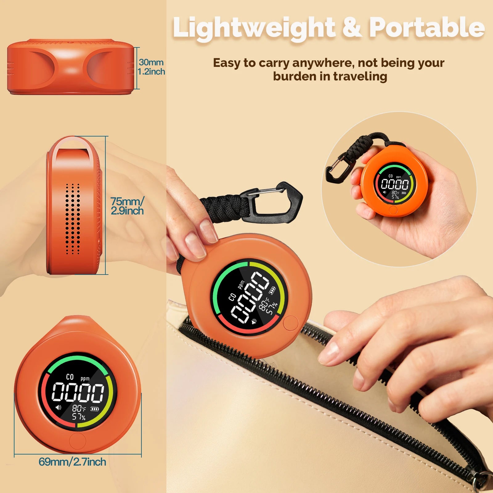Mini Carbon Monoxide Detector Travel 3-in-1 Portable Temp/Humi/ 120 Hour Standby Chargeable